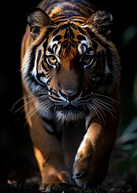 Tiger walking forward in dark forest
