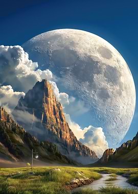 Surreal Mountain Landscape with Giant Moon