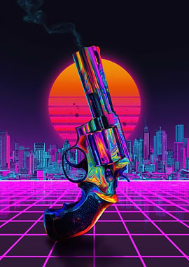 Retro Gun in Neon Cityscape