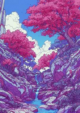 Enchanting Cherry Blossom Waterfall Landscape