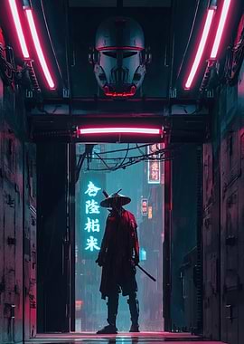Cyberpunk Samurai in Neon Alley