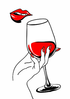 Woman's Hand Holding Wine Glass with Red Lips