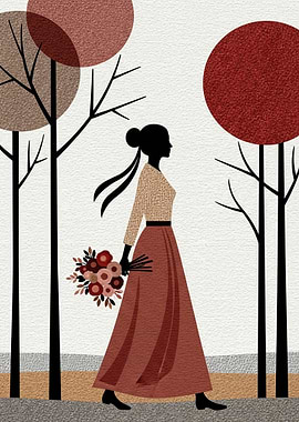 Woman with Flowers in Autumn Park