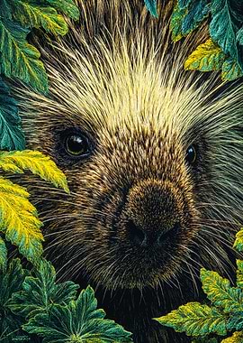 Detailed Porcupine Illustration Green Leaves