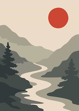 Minimalist Mountain River Landscape