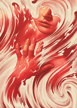 Woman emerging from red abstract waves
