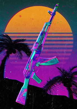 Retro AK-47 Sunset Palm Trees