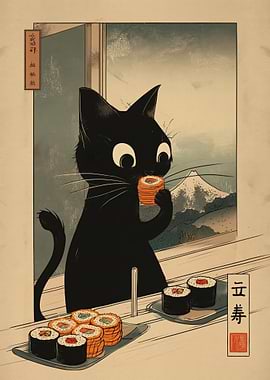 Black Cat Eating Sushi with Mount Fuji View
