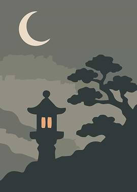 Japanese Lantern Under a Crescent Moon