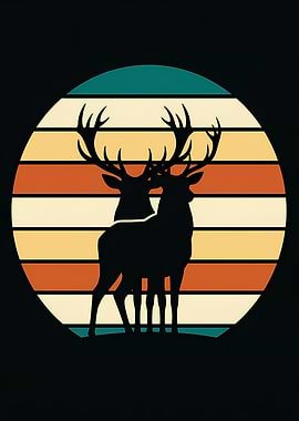Retro Deer Sunset Silhouette