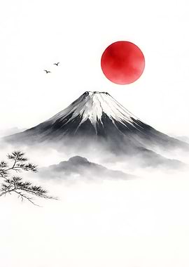 Mount Fuji with Red Sun and Pine Tree
