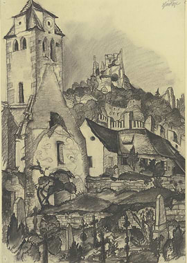 Pencil Sketch of Ruined Castle and Church