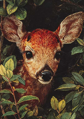 Detailed Fawn Illustration Forest Leaves