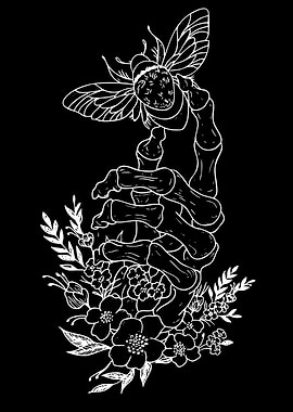 Skeleton Hand with Bee and Flowers