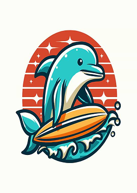 Cute Dolphin Surfing on a Surfboard