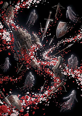 Fantasy battle with falling petals