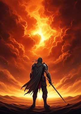 Warrior Facing Fiery Sky