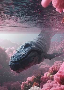 Whale Swimming Through Pink Coral Reef