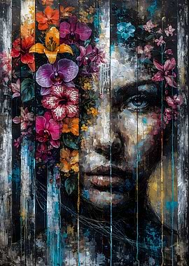Mystical Bloom: Floral Veil and Hidden Visage – Abstract Portrait Art