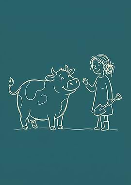 Girl and Cow on Teal Background