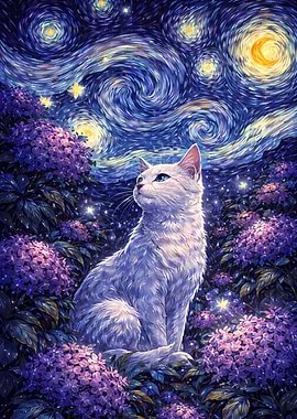 White Cat in Starry Night Garden