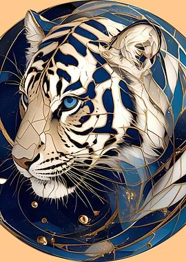 Abstract White Tiger with Blue and Gold Accents