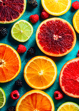 Vibrant Citrus and Berries Flat Lay Art