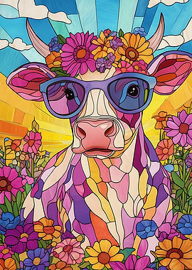 Stained Glass Cow with Flowers and Sunglasses