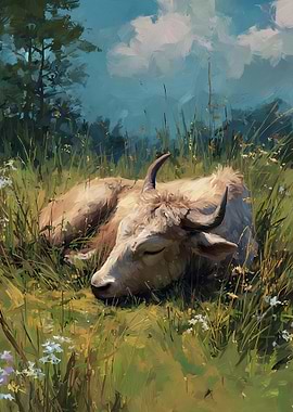 Cow sleeping in a field