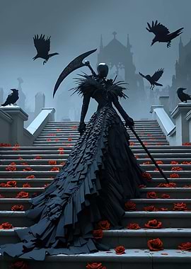 Grim Reaper with Roses and Crows