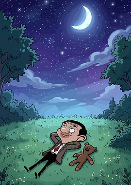 Mr. Bean and Teddy stargazing