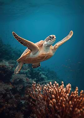 Sea Turtle Swimming Over Coral Reef