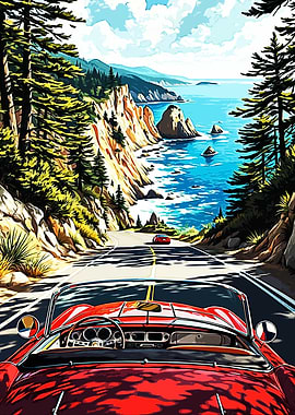 Red Convertible on Scenic Coastal Road