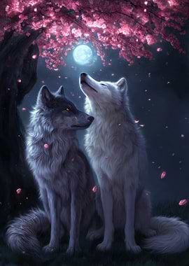 Two Wolves Under Cherry Blossoms