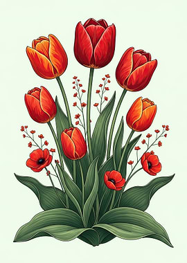 Vibrant Red and Orange Tulips and Poppies