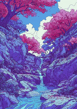 Enchanting Waterfall in a Pink Forest