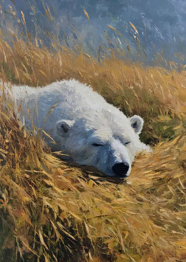 Polar Bear Sleeping in Tall Grass