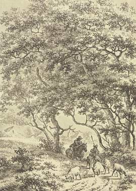 Shepherds and Sheep in a Forest