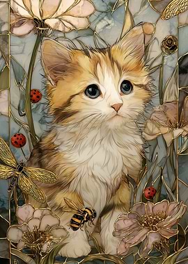 Kitten in a Stained Glass Garden