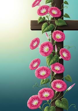 Morning Glories on a Wooden Cross
