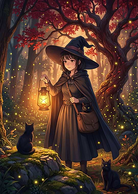 Anime Witch with Black Cats in Forest