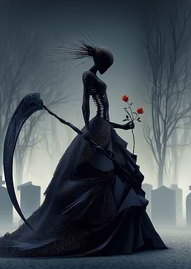 Grim Reaper with Roses in Cemetery