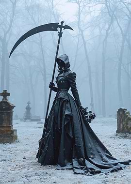 Grim Reaper in a Snowy Cemetery