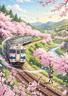 Train passing through cherry blossoms