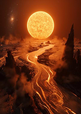 Alien Lava Landscape with Sun