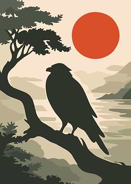 Crow on a branch with sun