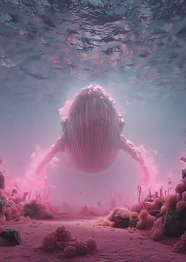 Whimsical Pink Whale in Coral Reef