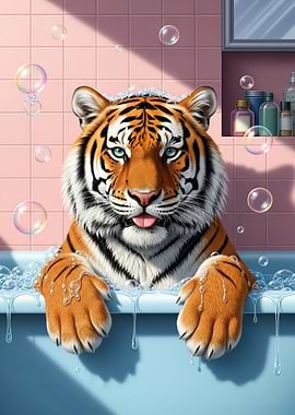 Tiger taking a bubble bath