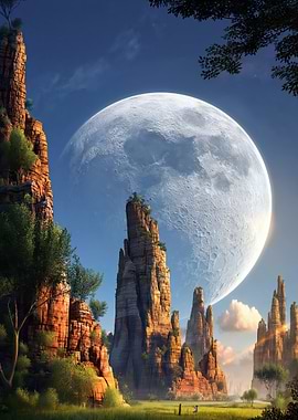 Surreal Landscape with Giant Moon