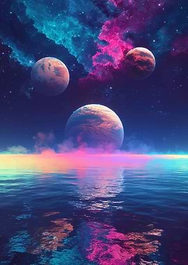 Cosmic Ocean with Planets and Nebulae